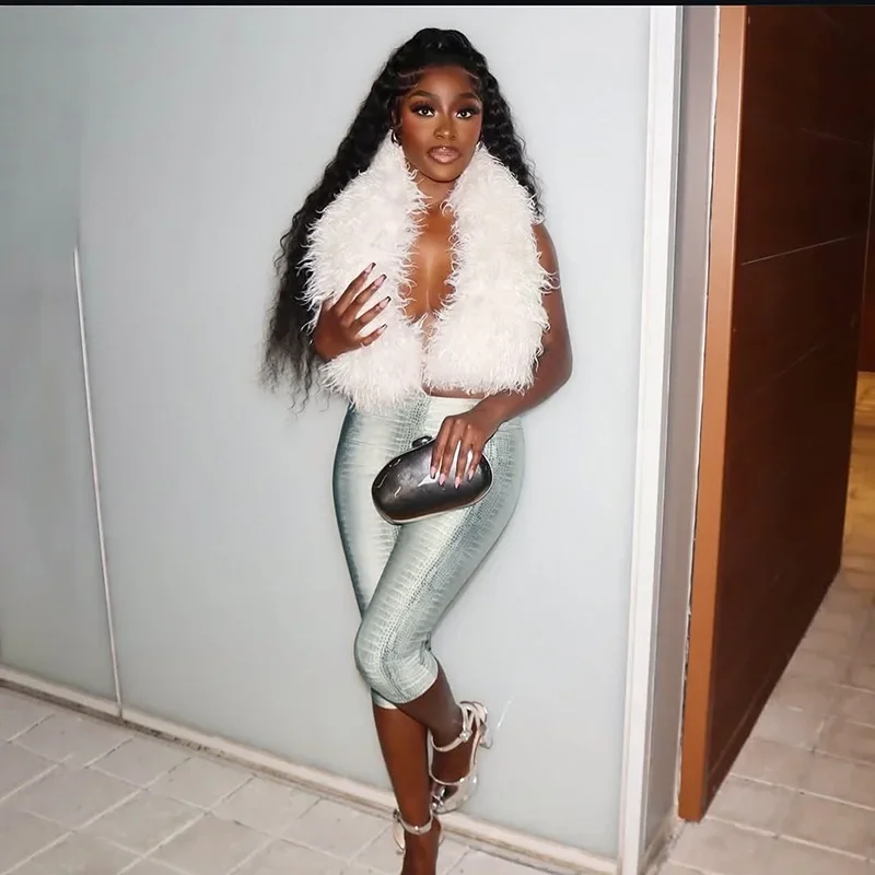 Women Luxury 2 Piece Set Lace Up Halter Backless Faux Fur Vests Crop Top + Serpentine Print Skinny Capris Pants 2025 Autumn Suit