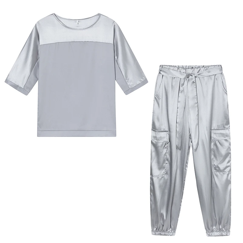 2024 Europäisches und amerikanisches grenzüberschreitendes neues modisches Damen-Kleidungsset aus glattem Satin mit halben Ärmeln, zweiteiliges Freizeit-Set – Detail 4