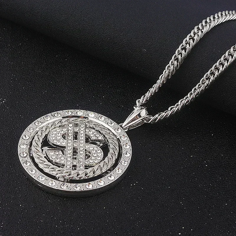 Big Rotatable US Dollar Money Sign Pendant Necklace Men Rapper Hip Hop Punk Long Chain Necklace Women Necklace Gift Wholesale