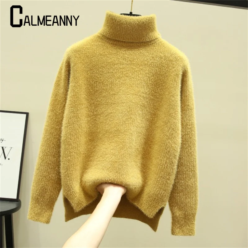 2024 Autumn Winter Vintage Retro Ladies Jumper Turtleneck Solid Imitation Mink Sweater Women Casual Soft Knitted Pullover