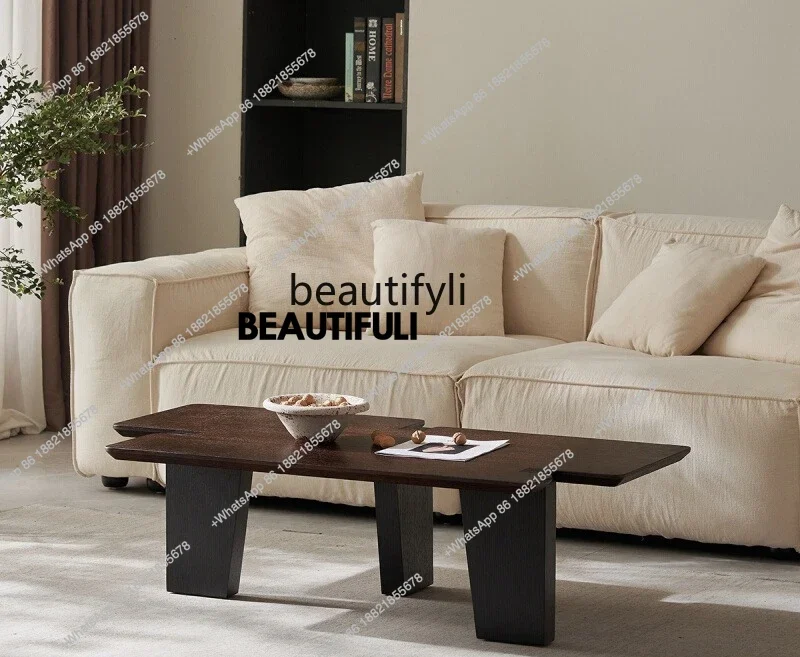 ss8350 minimalist irregular smoked wood color coffee table living room, modern minimalism, wabi-sabi special-shaped coffee table