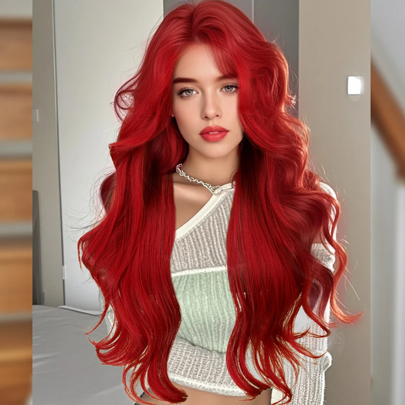 Neptune Red Bangs Curly HaircosFull wig Small lace sea king red curly synthetic hair