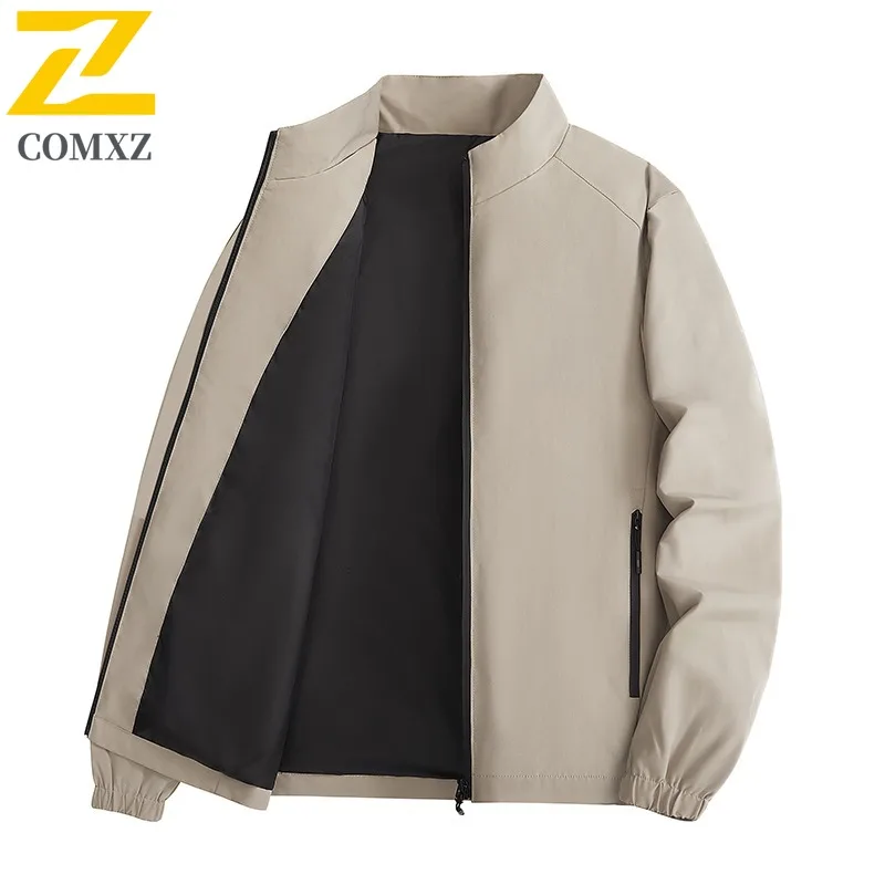 COMXZ เสื้อแจ็คเก็ตบุรุษที่สะดวกสบายคอตั้งสำหรับทำงานกลางแจ้งเสื้อโค้ทซิปกันลมธุรกิจลำลองเสื้อผ้าฤดูใบไม้ร่วงน้ำหนักเบา