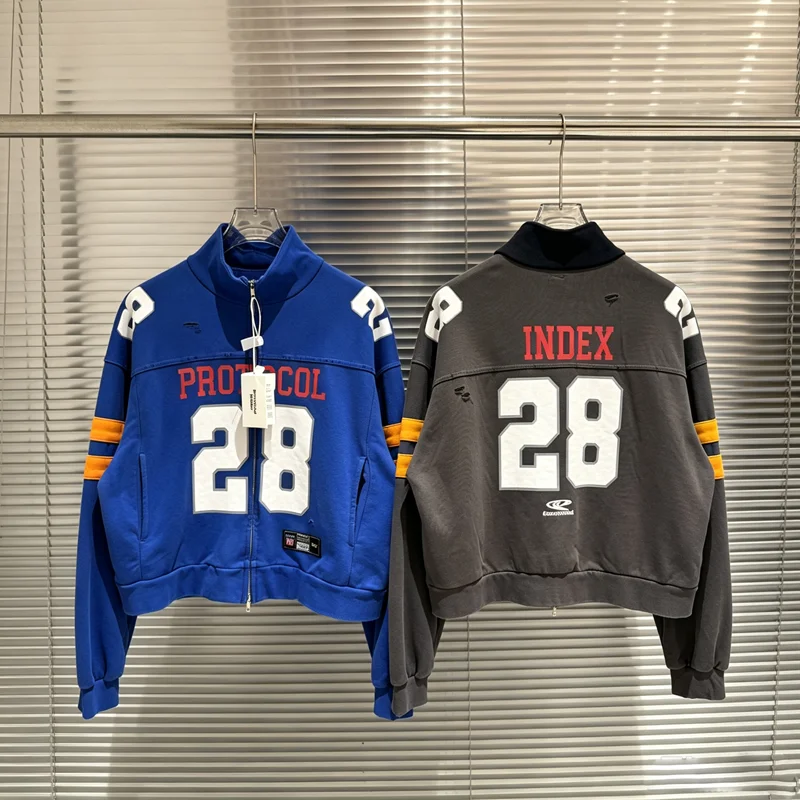 Patch Stripe PROTOCOL INDEX Digit 28 Print Label Zip Up Jacket Men Women High Quality Washed Hole Damaged Loose Chic Jacket Tops