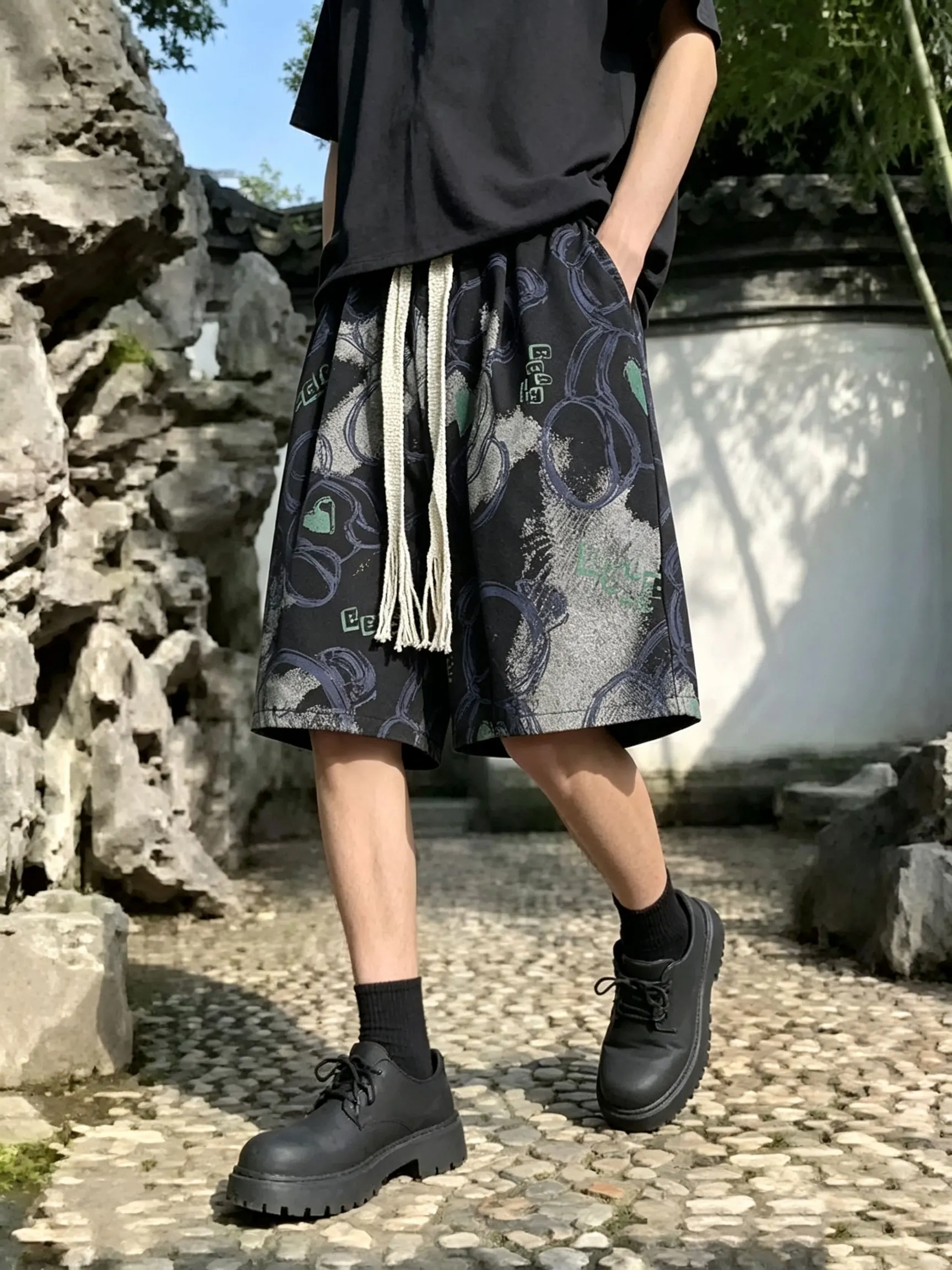Men's Ethnic Pattern Shorts with Pockets, Summer Casual Drawstring Shorts, Suitable for Outdoor and Beach Casual Wear