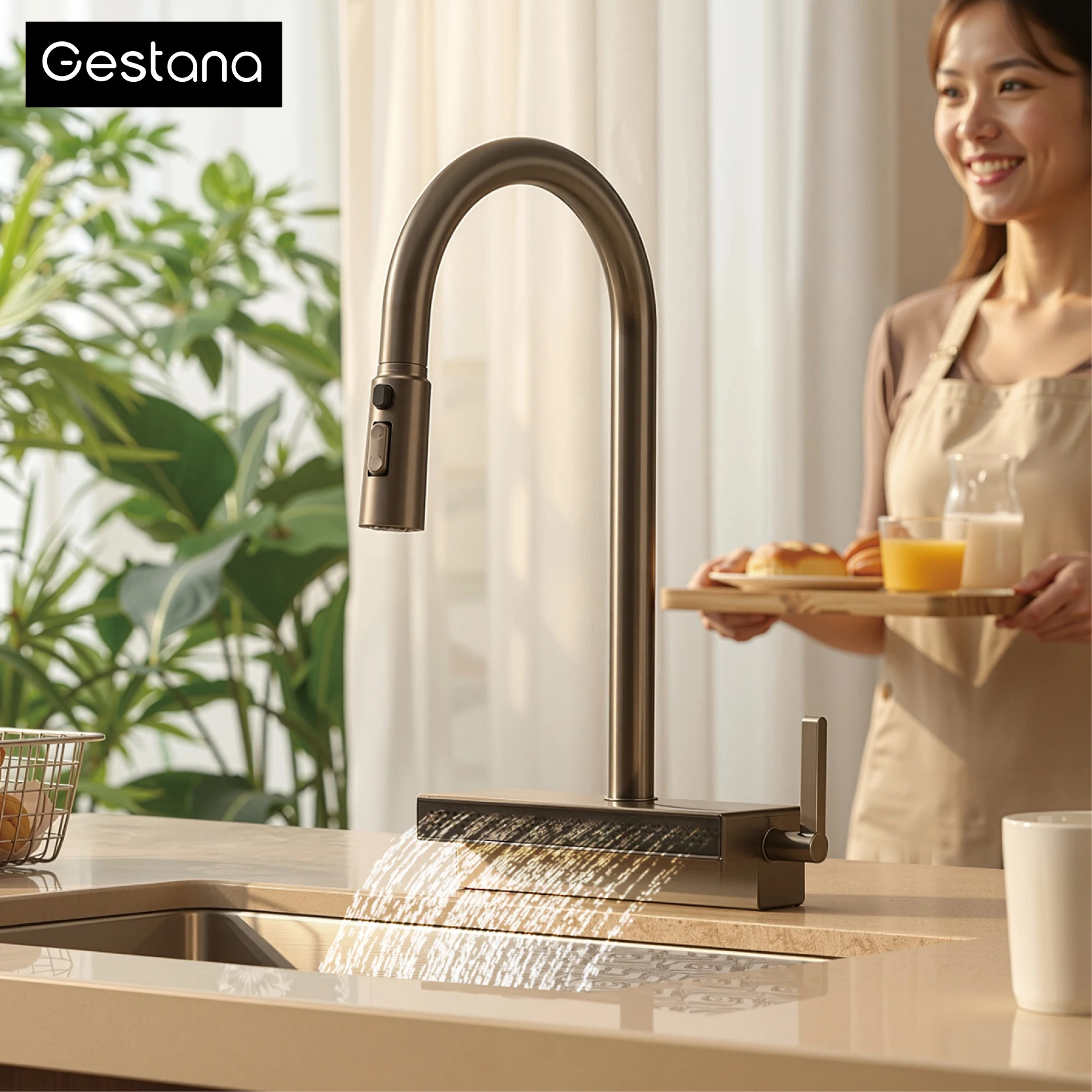 

Смеситель для кухонной мойки Gun Gray Brass с выдвижным распылителем, горячей и холодной водой, LED-дисплеем, многофункциональный, поворотный на 360° ° Поворотный люксовый кран