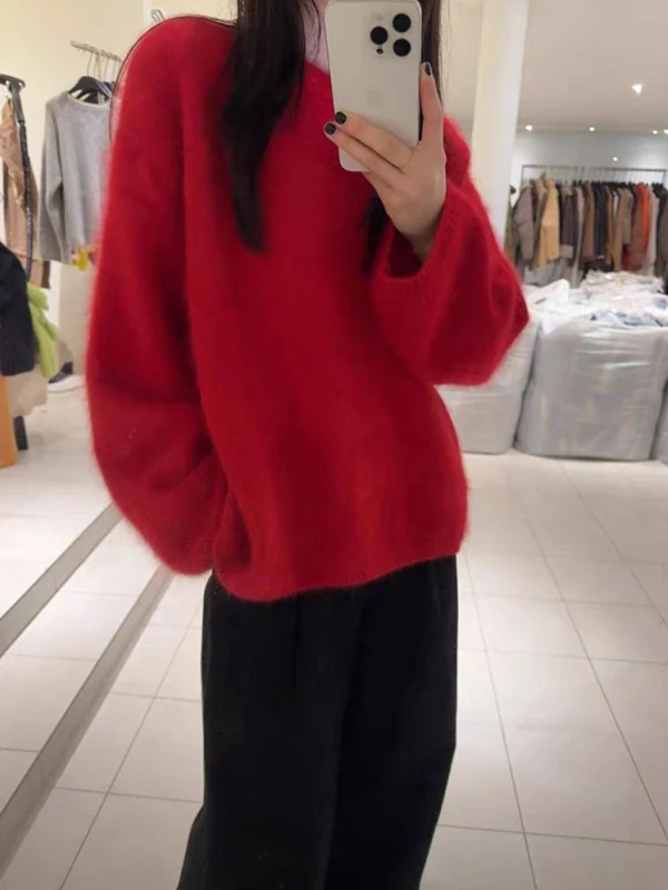 

Cisas Red Lazy Sle Women's Knitted Sweater round Ne Loose Outerwear Faux Mink Soft Long Sve Autumn Winter New Arrival