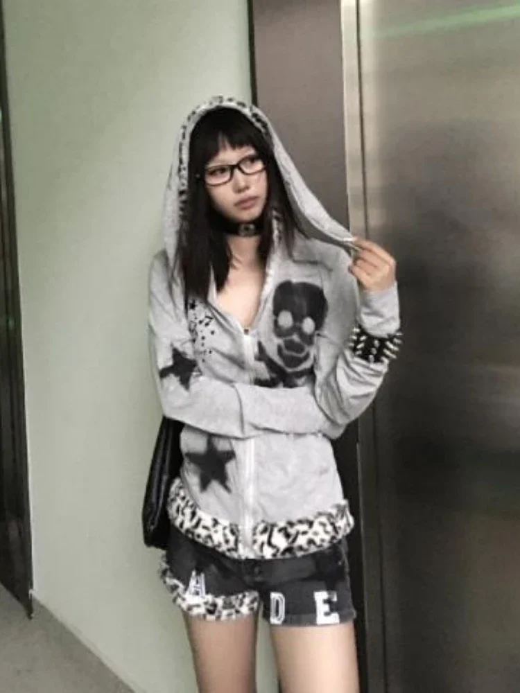 

American Vintage Gothic Grunge Bunny Ears Hoodie Y2k Zip Up Sweatshirt Streetwear Anime Cute Punk Jacket Print Slim Coat New