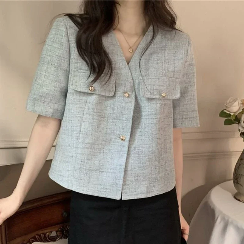 V-neck Shirts Women Button Design French Style Loose Temperament Summer M-3XL Fashion Female Casual Mature All-match Popular Mew