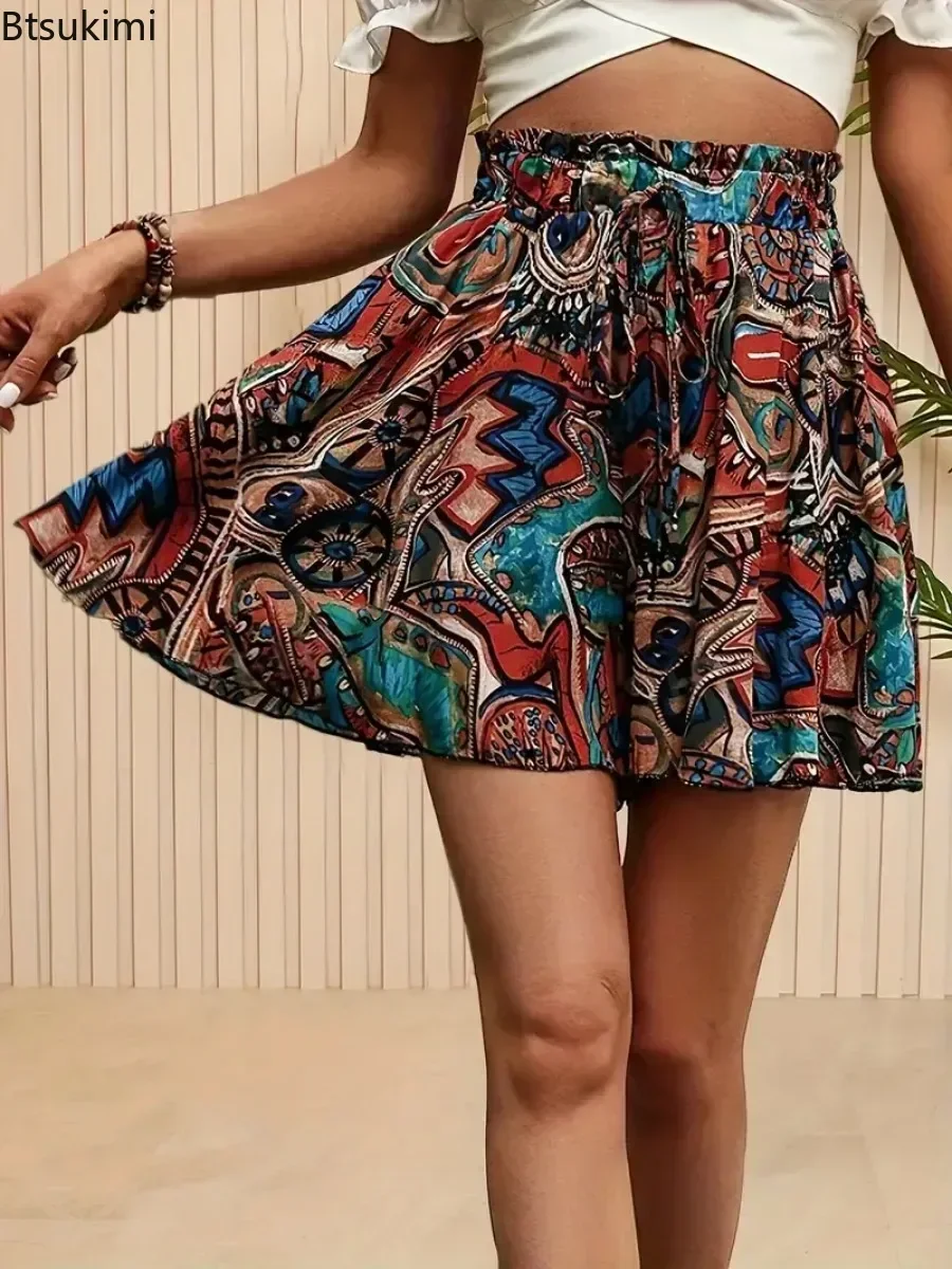 Summer New Women's Print Shorts Skirts Fashion Elegant Elastic Waist Wide Leg Culottes Loose Casual Holiday Beach Shorts Femme