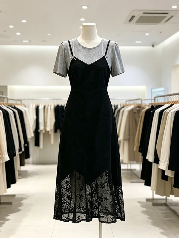 

plus Size Women's Korean Style Lace Splice Dress Short Sleeve round Neck Single Piece Casual Summer Fashion Dress
