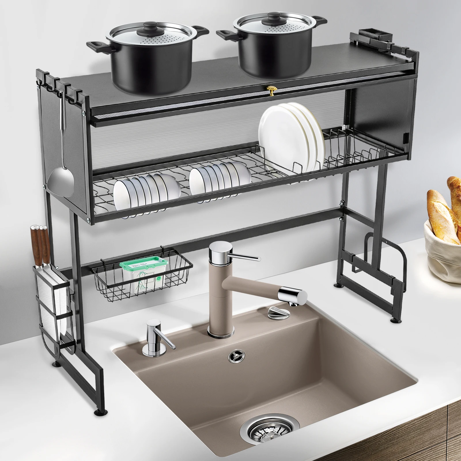 2-tiers Dish Drying Rack Carbon Steel Cutlery Drainer Versatile Appearance Easy To Install  95*30*80cm Kitchen Storage