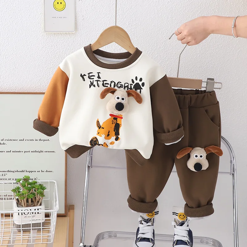 2024 Boys Spring New Sweater Set for Children Korean Spring Fashion Baby Cartoon Long sleeved Two Piece Set