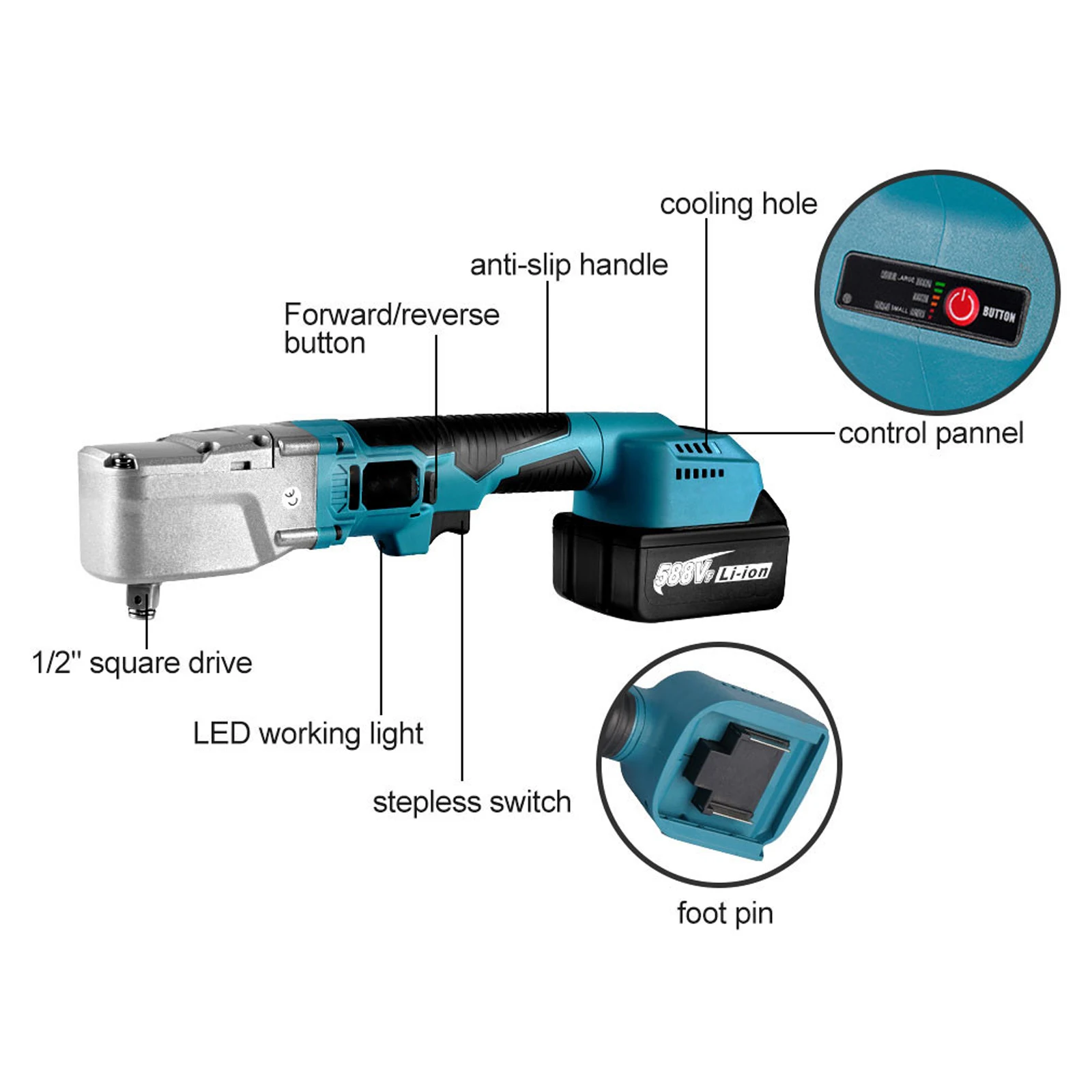 350-500nm Electric Ratchet Wrench 1/2'' Right Angle Ratchet for Makita 18V-21V Battery Hand Tools Wrench Blue 3800r/min