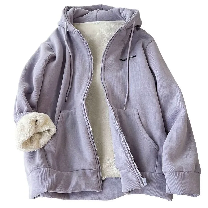 Cozy Fuzzy Hooded Jacket for Women - Zip Up, Drawstring Long Sleeve, Solid Color Outerwear - Stylish, Versatile & Warm