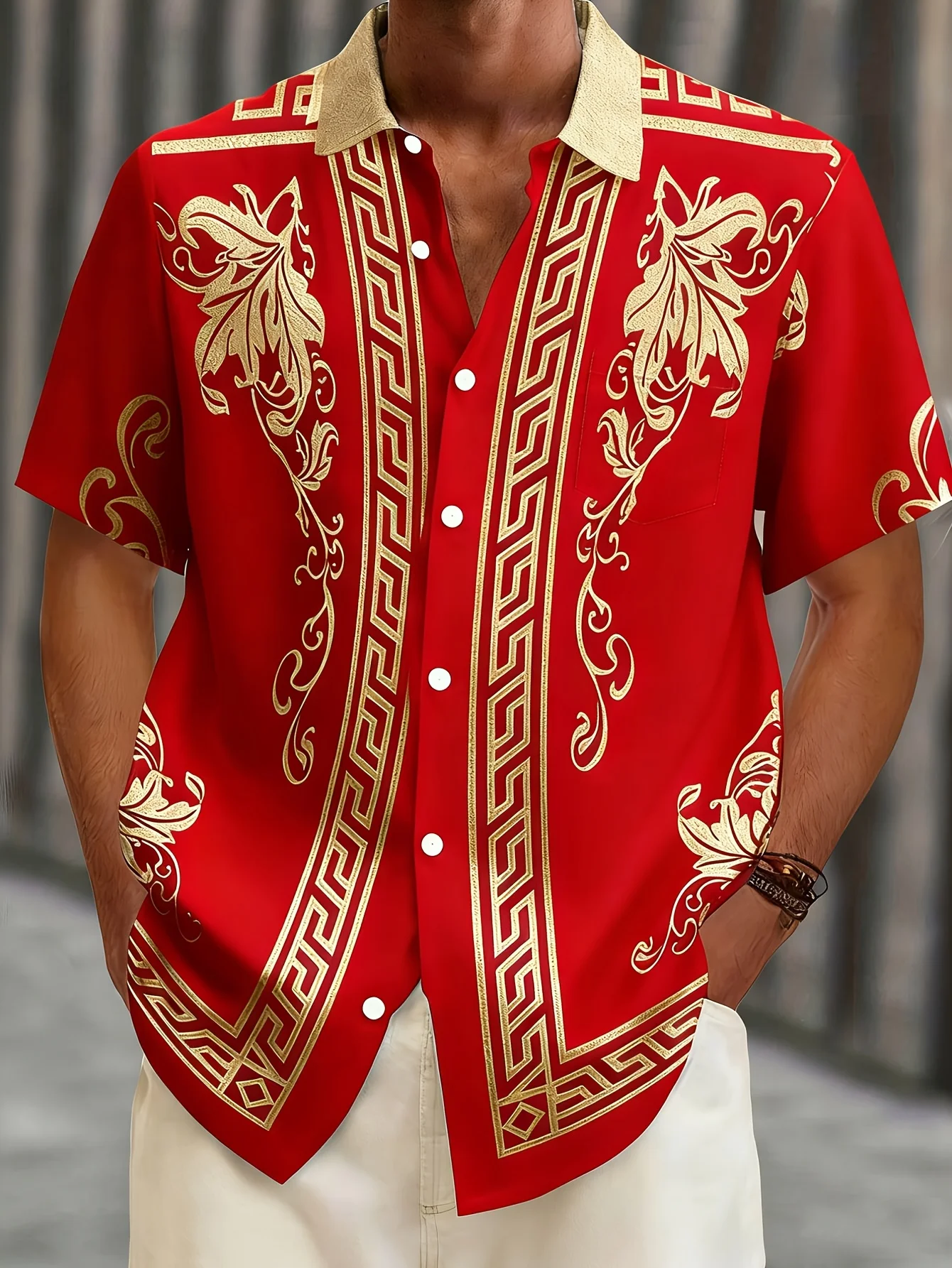 Hawaiian Floral Court Style Baroque Print Men'S Plus Size Button-Pocket Short Sleeve Shirt Blue Loose Lapel Tops Men Clothes