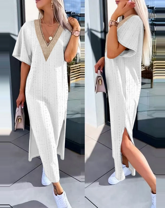 

Women's Eyelet Embroidery V-Neck Loose Casual Dress Temperament Commuting Summer Female Fashion Short Sleeve Straight Dresses