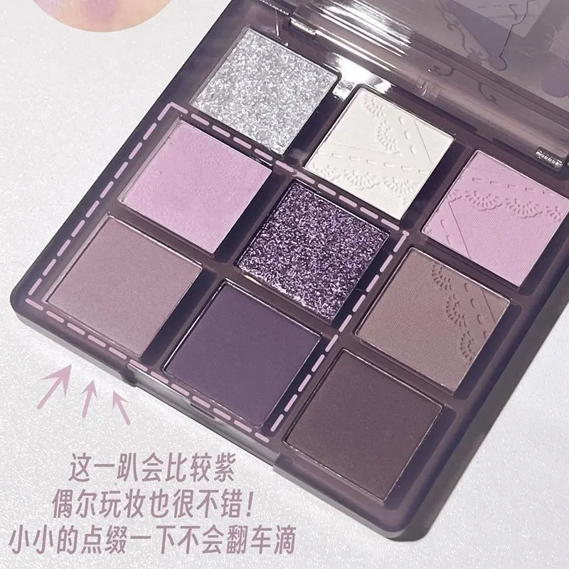 Luxurious 9 color eyeshadow palette Velvet matte and shimmer effect, durable waterproof, berry,fine glitter purple and nude tone