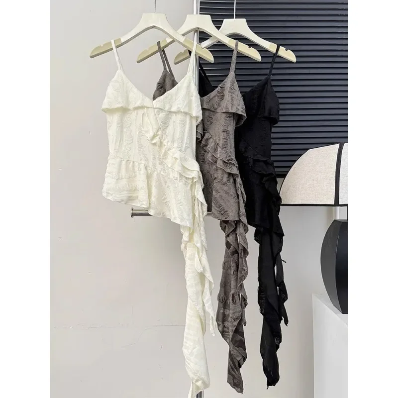 

Vintage Irregular Summer Backless Women Tanks Tee Casual Camisole Female Ruffles Hotsweet Clothes Y2K Girls Vest Basic Gray Top