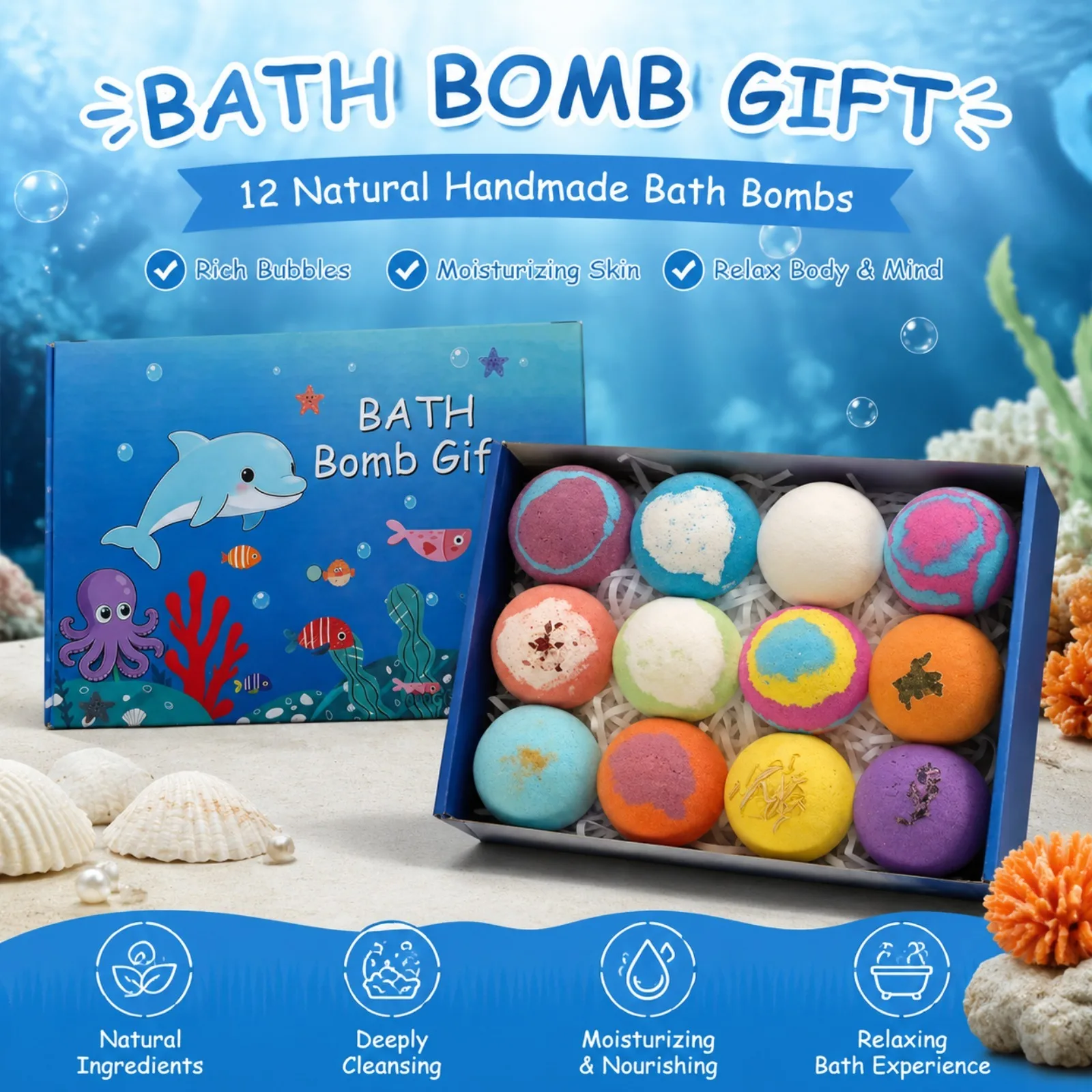 Ocean Theme Bath Bombs Gift Set 12Pack With Surprise Toy Inside Sea Salt Moisturizing Dry Flower Relaxing Spa Bubble Bath