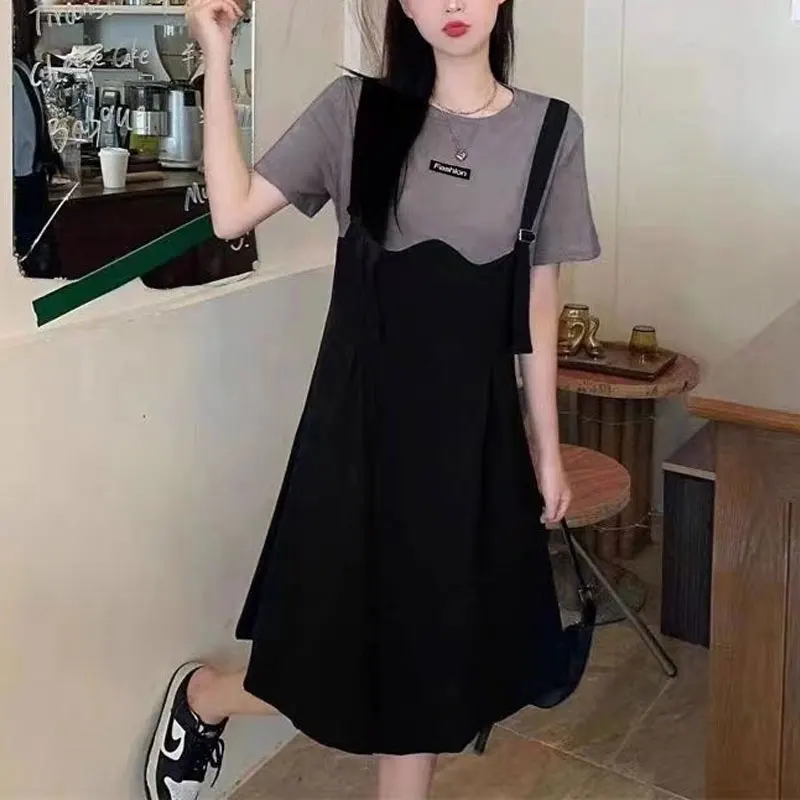 

Fashion Patchwork Strap Dresses Fake Two Pieces Casual A-Line Waist Female Clothing Letter Basic Summer Round Neck Midi Dress