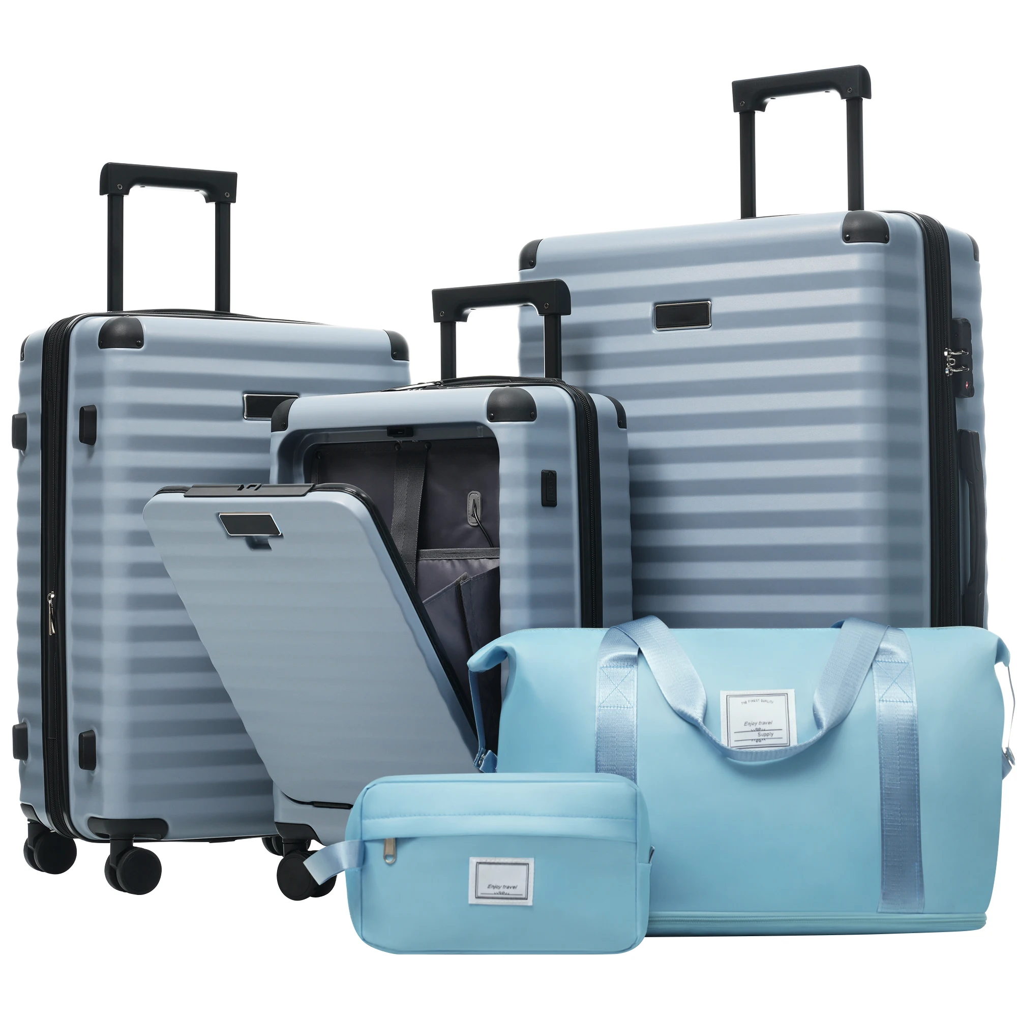 

Luggage Sets 5 Piece with Front Opening , Hardside Expandable Carry on Suitcase with Spinner Wheels TSA Lock USB Port Cup Holder