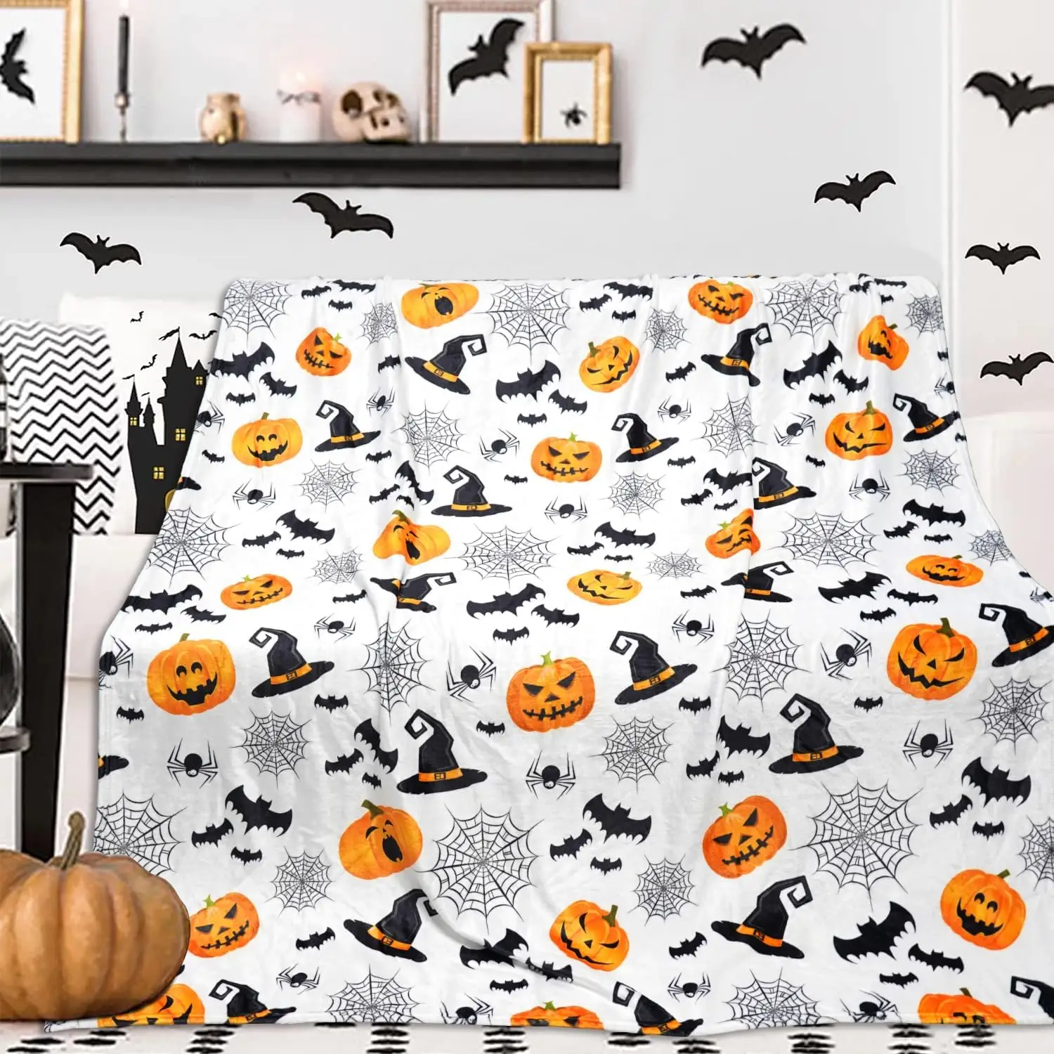 

Cute Halloween Blanket Pumpkin Bat Halloween Blankets and Throws Halloween Fleece Throw Blanket for Couch Sofa Gifts for Kids