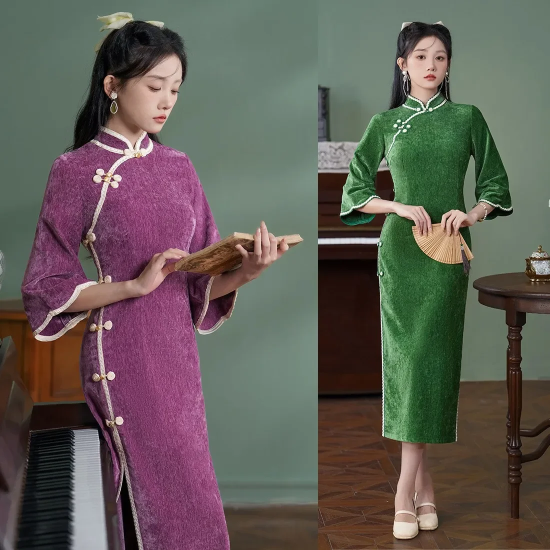 

Новое женское велюровое традиционное китайское платье Cheongsam для свадебного вечера Qipao, элегантное тонкое платье с разрезом для молодых леди, женское повседневное платье