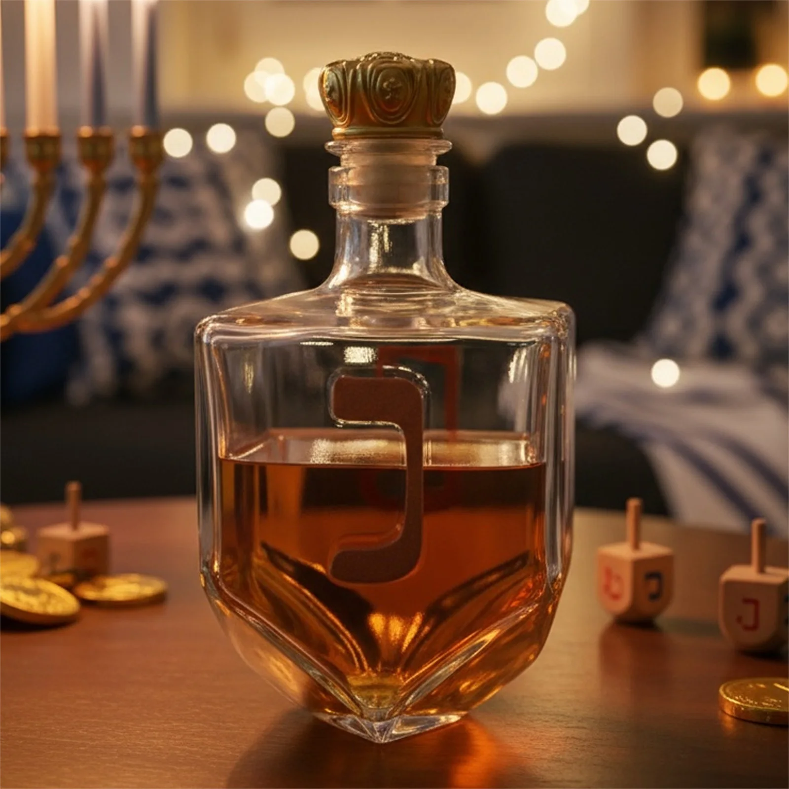 Hanukkah Dreidel Whiskey Bottle W/ Golden Hebrew Letters Crown Cap Judaica Glass Liquor Decanter for Festival Home Bar Display