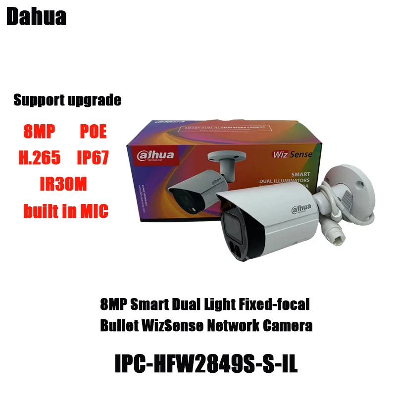 Dahua 8MP IPtv IPC-HFW2849S-S-IL POE H.265 IR30M Build in MIC IP67 Smart Dual Light Fixed-focal Bullet WizSense Network Camera