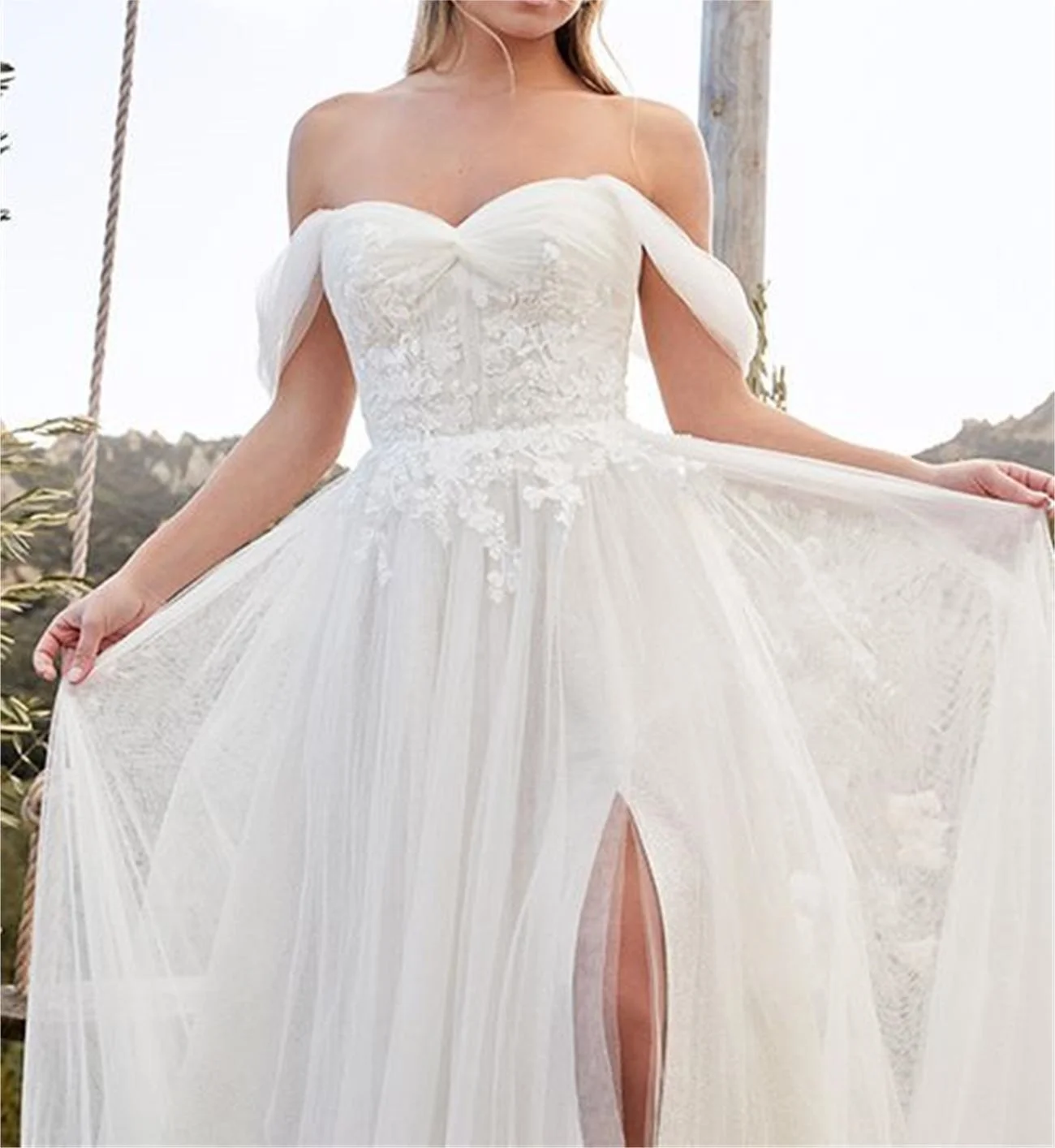 Vestidos de casamento de renda sem costas para mulher, vestido bandeau clássico, split sexy, simples, branco, festa de baile, verão, 2023