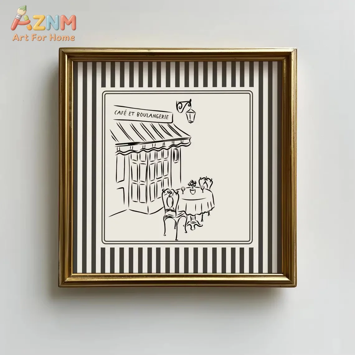 Schwarz-weiß gestreifter französischer Café-Druck, minimalistische Illustration, digitale Downloads, Kunstdruck, Geschenkidee