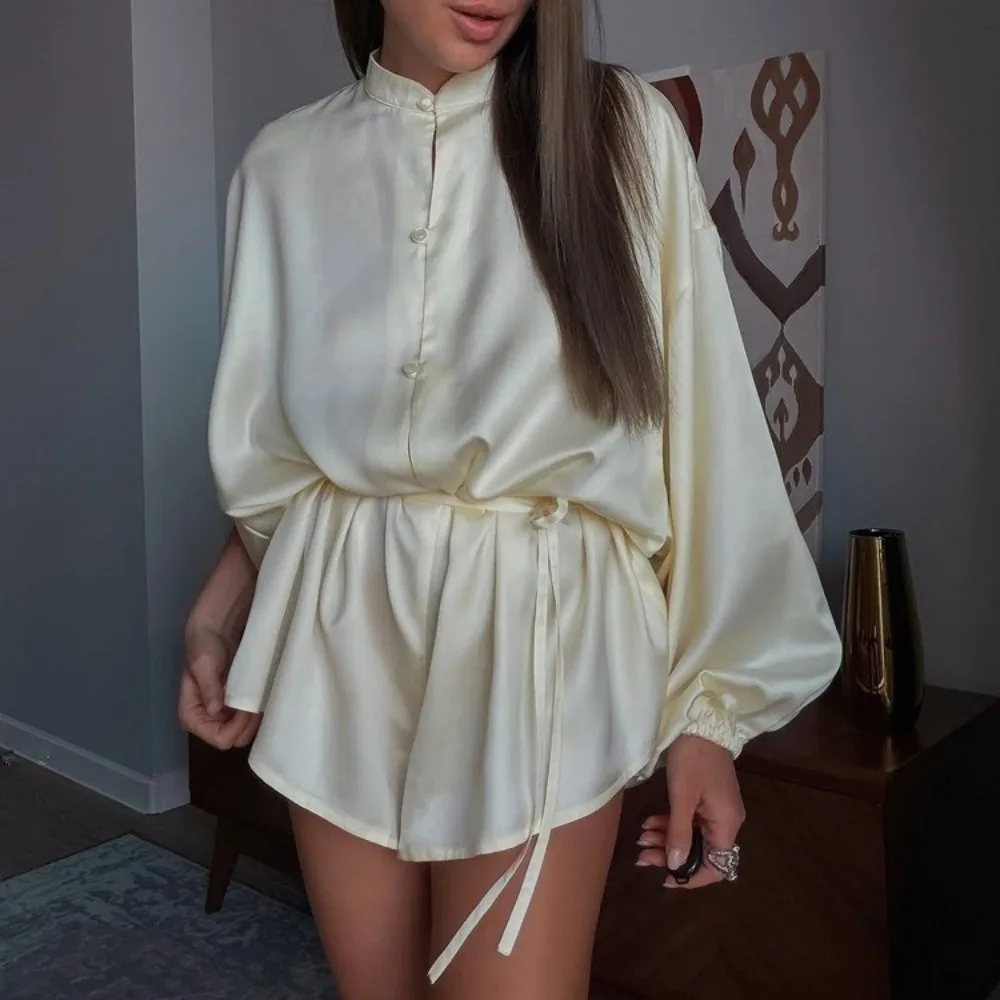 Solid Color Women's Jumpsuit Drawstring Waist Single Breasted Stand Collar Jumpsuit Lace Up Front Beige Color