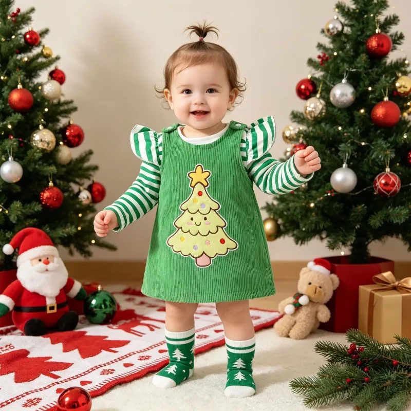 Toddler Baby Girls Christmas Outfit Striped Shirt And Green Corduroy Suspender Dress With Tree Patch 0 36M