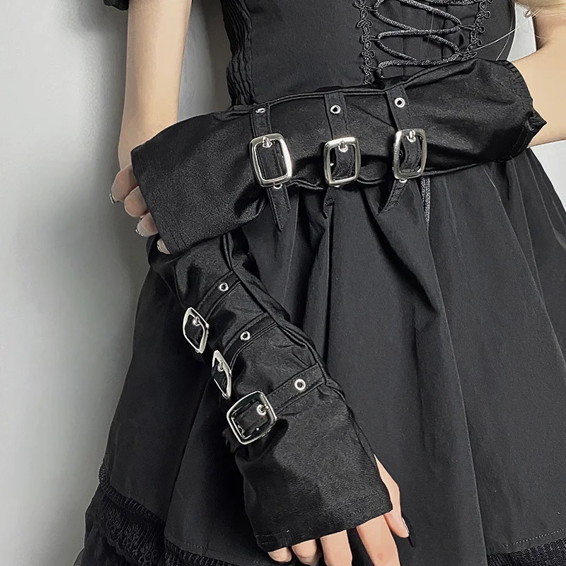 Y Demo Techwear Gothic Buckles Adjustable Strap Elbow  Sleeve Female Black Half Exposed Finger Gloves