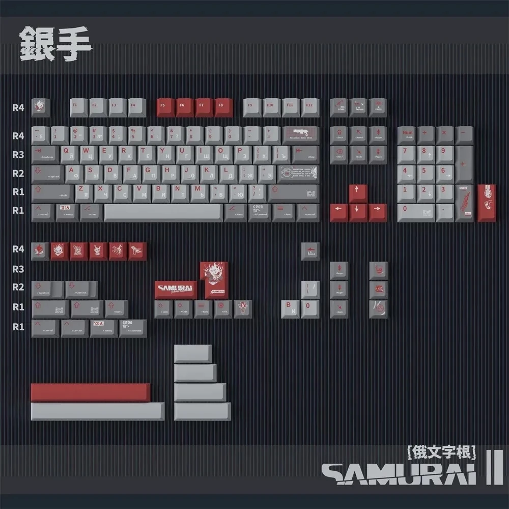 samurai silverhand keycaps cherry profile keycap pbt russo japones teclado mecanico do jogo sbpk 2077 conjunto 01