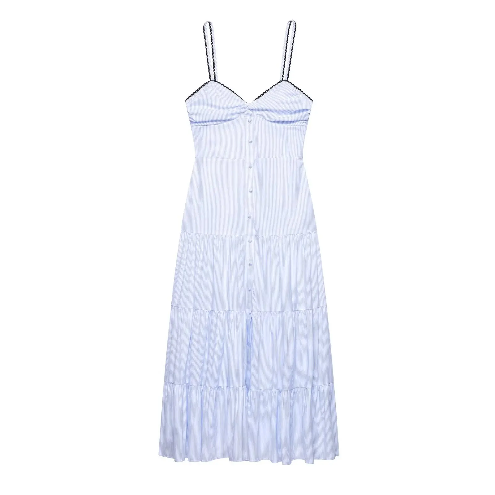 Abito elegante con bretelle arricciate a strati a righe Abito da donna con scollo a V senza maniche senza schienale Abito a trapezio 2025 Abito estivo da donna