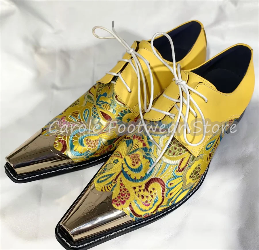 

Male Genuine Leather Embroidered Lace-Up Brogue Shoes Unique Gold Metal Toe Chunky Heel Oxfords Wedding Party Dress Loafers