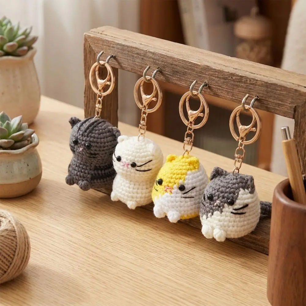 Cartoon Crochet Cat Keychain Handmade Multi-color Handwoven Cat Pendant Mini with Metal Clasp Knitted Animal Key Ring