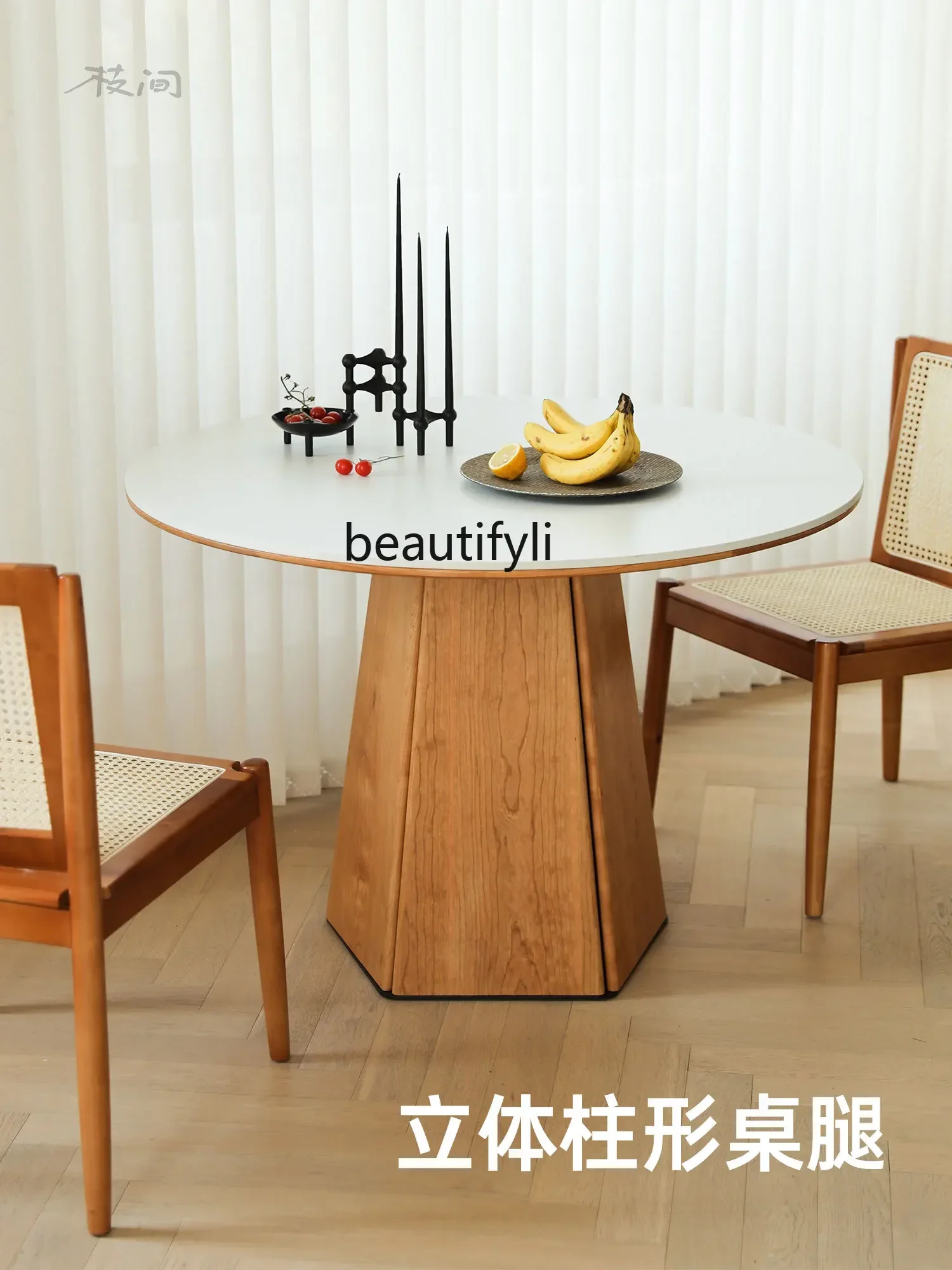 

07Dining Table Stone Plate round Table Household Solid Wood Small Apartment Light Luxury Modern Nordic round Table