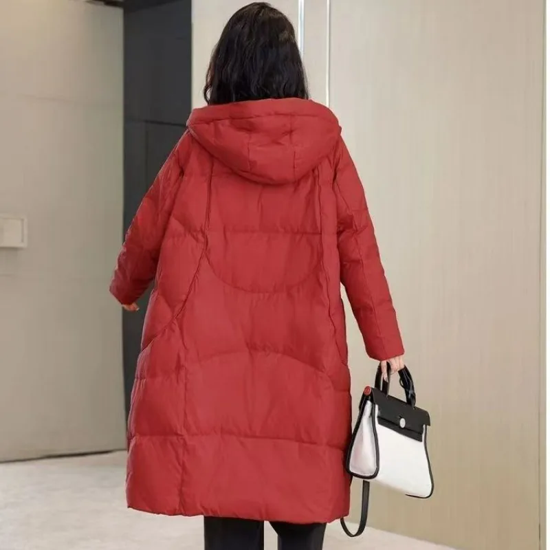 2023 Mid Length Hooded Down Jacket for Women Solid Color Large Size Winter New Down Loose Fitting Slimming and Warm Jacket