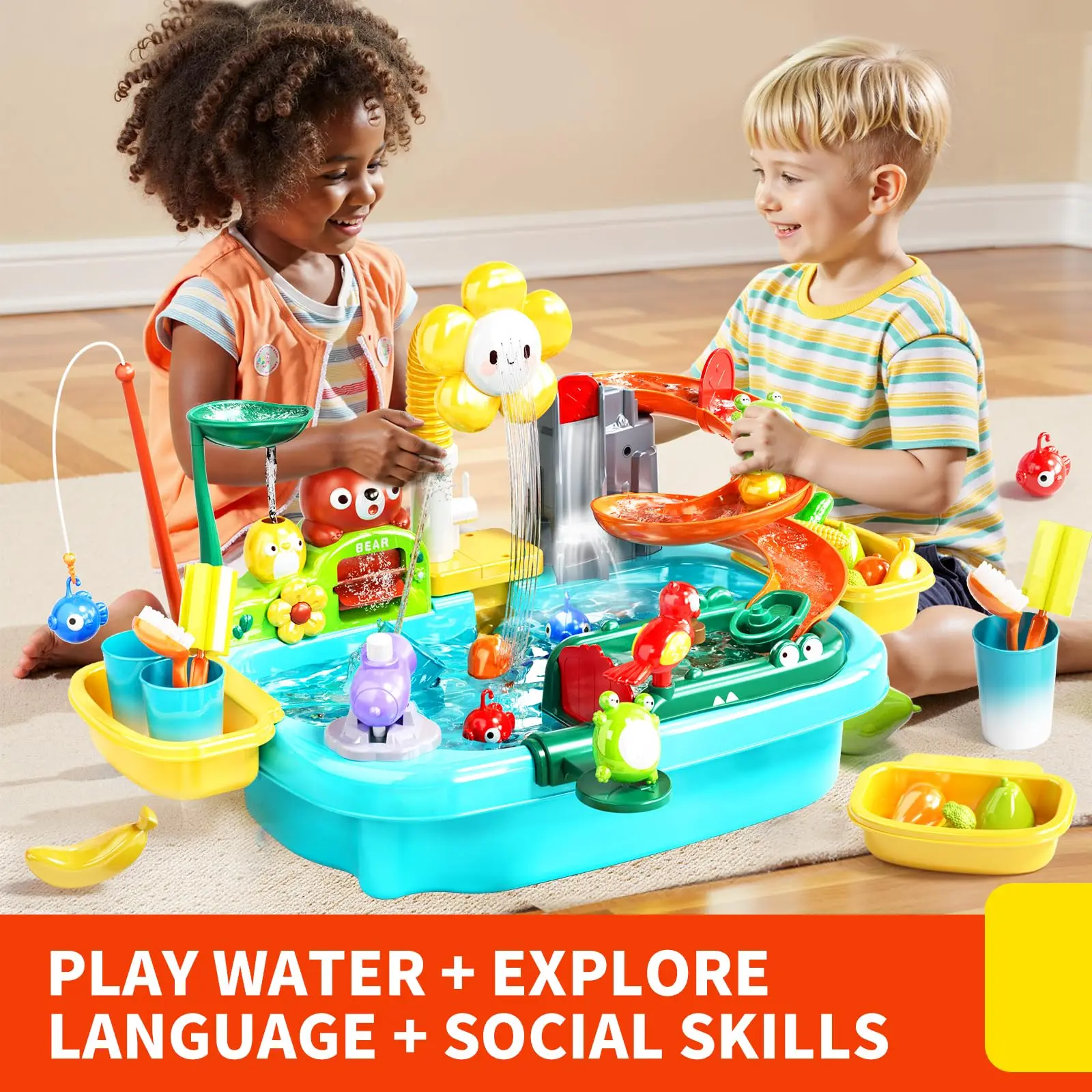 Water Table Play Sink Toys for Toddlers, Kids Play Kitchen Sink with Running Water, 360° Electric Faucet, Floating Fishing Game