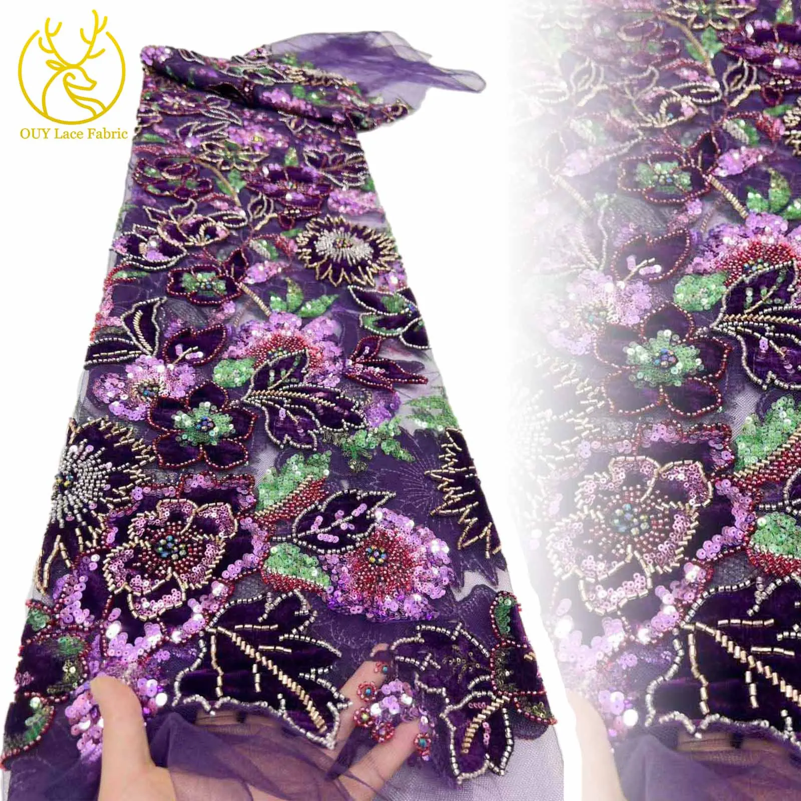 

Prestige Purple Velvet Sequin Lace Fabric 2025 Fashion African French Handmade Beaded Lace Fabric Ladies Dinner Dress Sewing