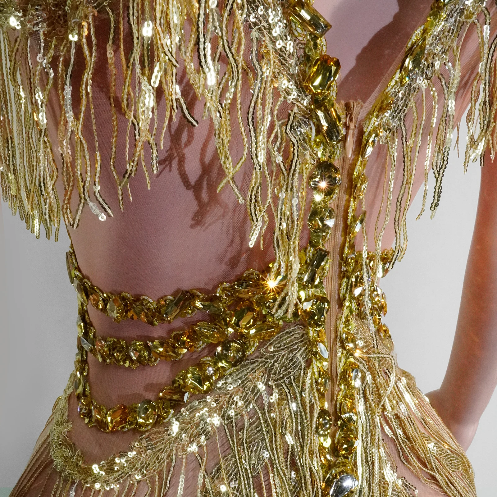 luxury sexy gold fringes jumpsuit sparkle rhinestones club party birthday outfits women drag queen pole dance festival costume