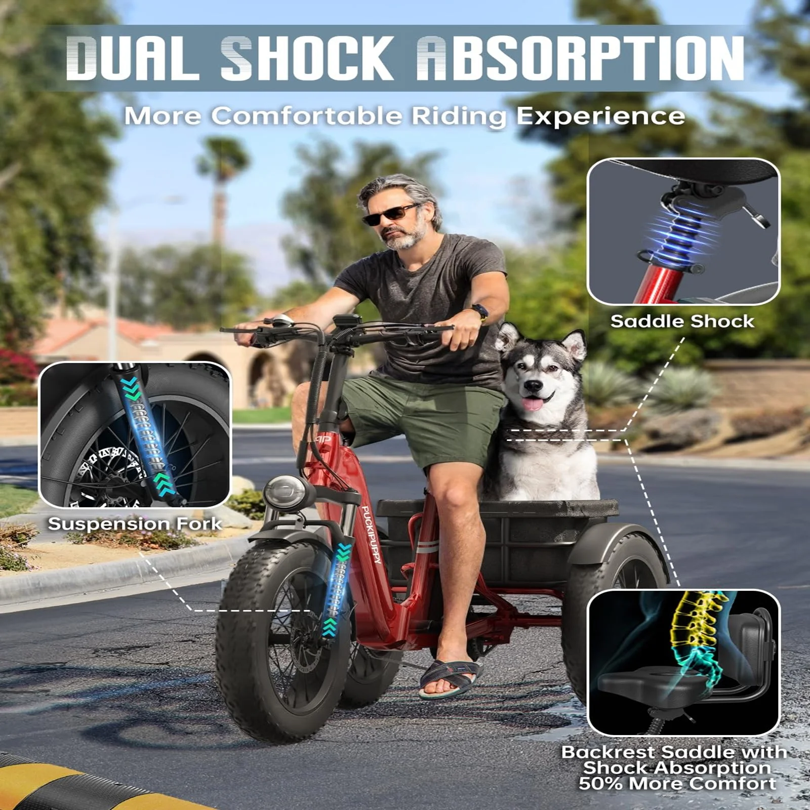 성인용 PUCKIPUPPY 전기 삼륜차, 주행거리 110마일, 48V/15&17.4Ah 탈착식 배터리, 500파운드 적재 가능, 20인치 광폭 타이어 전기 삼륜차