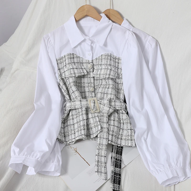 

Contrast Color Checked Shirt Women Fashion Stitching Fake Two Shirts Long Sleeves Spring Autumn Elegant Belted Shirt Top Women