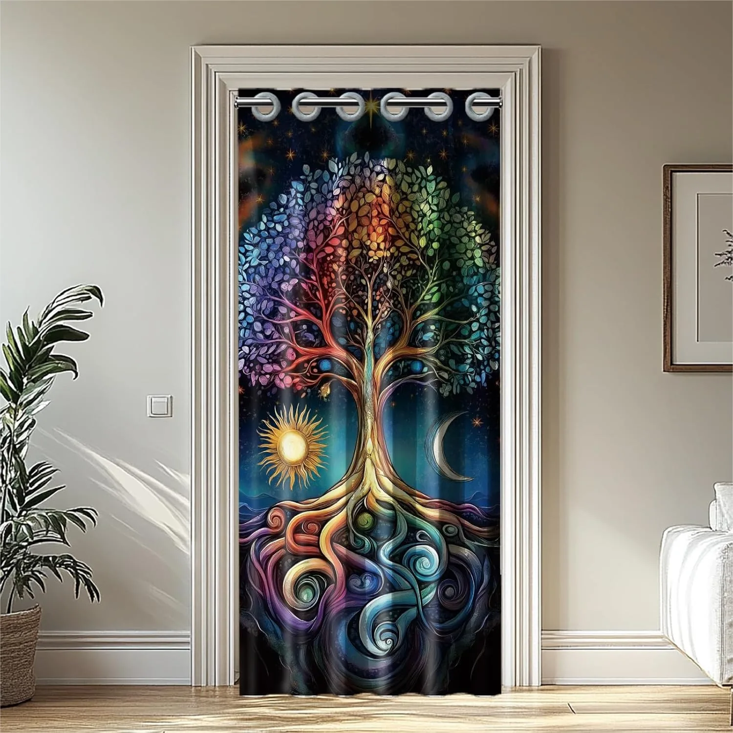 

Tree of Life Door Curtain for Doorway Bohemia Sun and Moon Room Divider Curtains 39x79 Inch