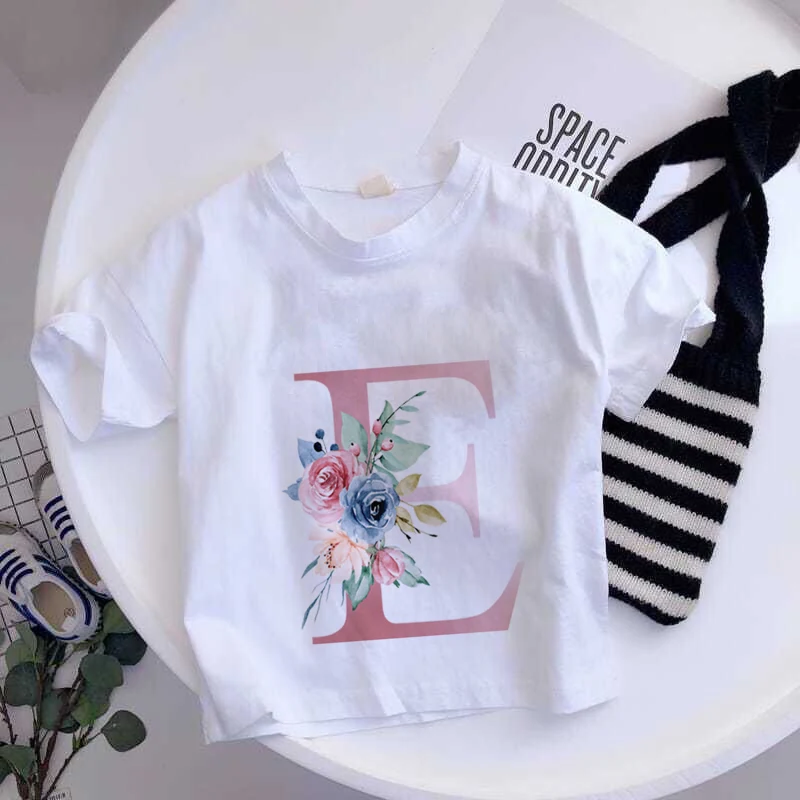 26 English Letter T-shirt A B C D summer Kid Children  Fashion Flower T-Shirt Cartoons Casual Clothes Girl Boy Short Sleeve Tops