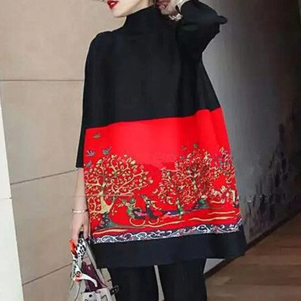 2025年春新作 カラーマッチングプリント 大きめサイズ プリーツTシャツ レディースファッション レトロ ゆったり ミディアム丈トップス