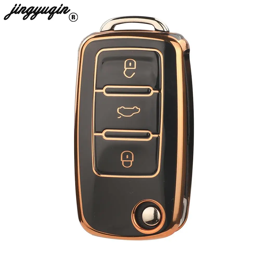 Jingyuqin 10pcs For Volkswagen Car Flip Key Case 3Buttons TPU Cover Shell Polo Golf Passat Tiguan Beetle Caddy T5 Up Eos Skoda